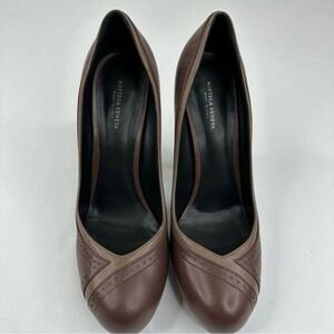 Bottega Veneta Brown Leather Brogue Block‎ Heel Pumps EU 40 US 10 Italy